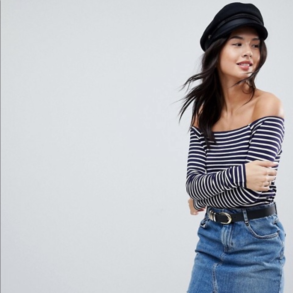 ASOS blue and white stripe off the shoulder top